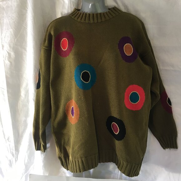 Hunt Club Knit Sweater Multi Color Olive Green Women’s Sz M Med Oversized 90s - Picture 1 of 16